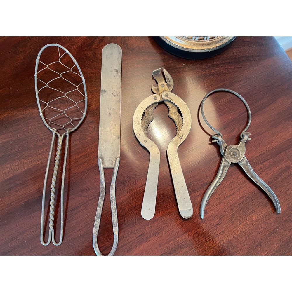 Antique Primitive Kitchen Utensils Swans Cake Flour Mesh Spoon Bottle Opener